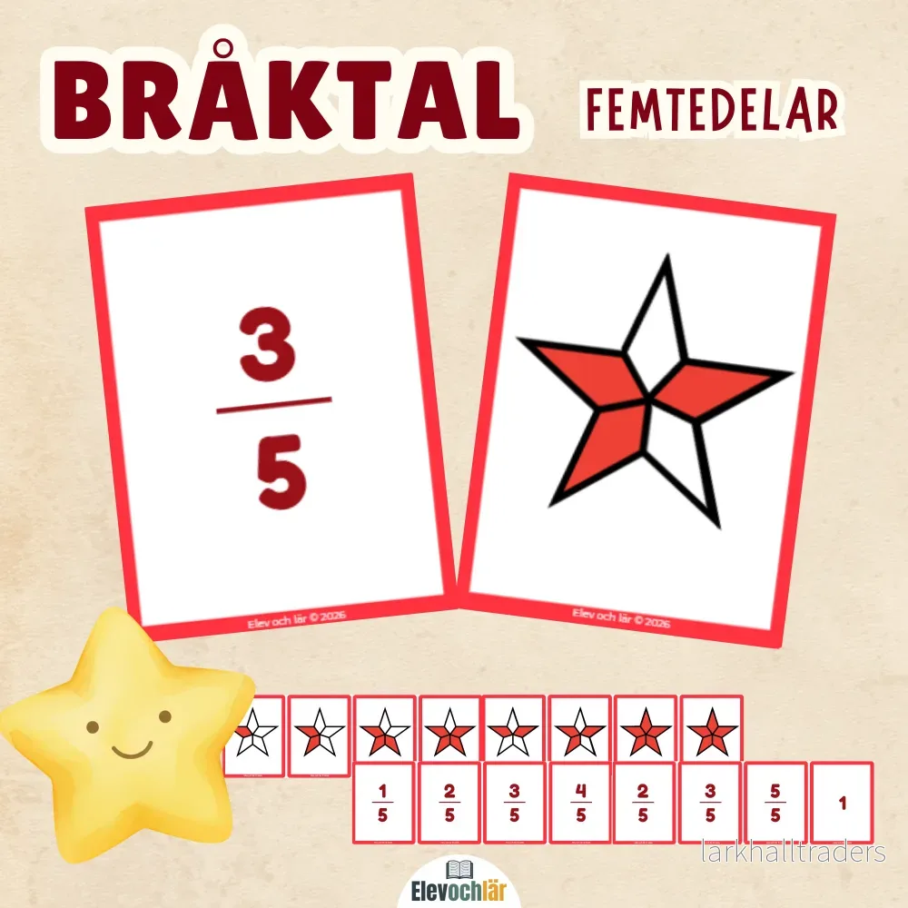Bråktal femtedelar – bildkort med stjärnor i 5 delar Bråktal femtedelar – bildkort med stjärnor i 5 delar