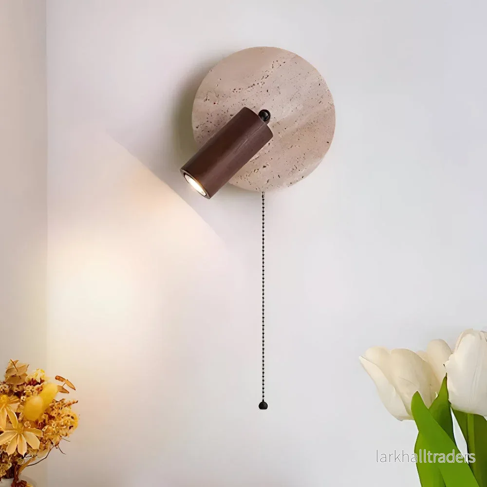 LumoStone – Mini Rund LED Vägglampa | Svängbar Vägglampa i Travertin & Trä - Bild 2