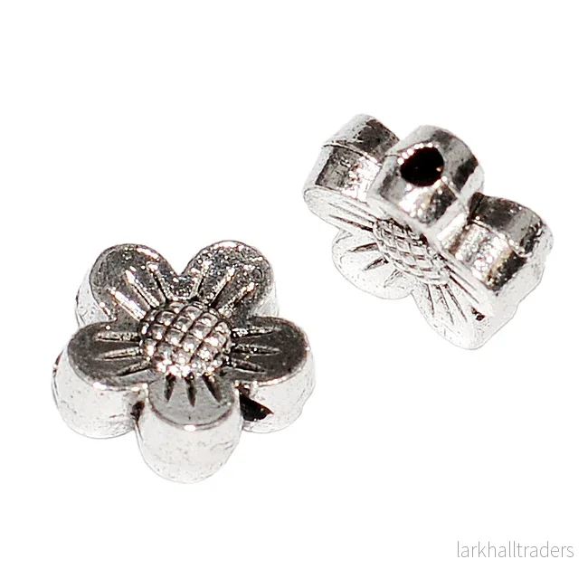 Metallpärlor, blommor, antiksilver, 8mm, 25st
