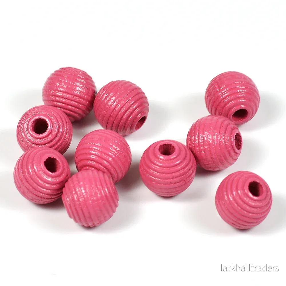 Räfflade träpärlor, 10mm, mörkrosa, 35st