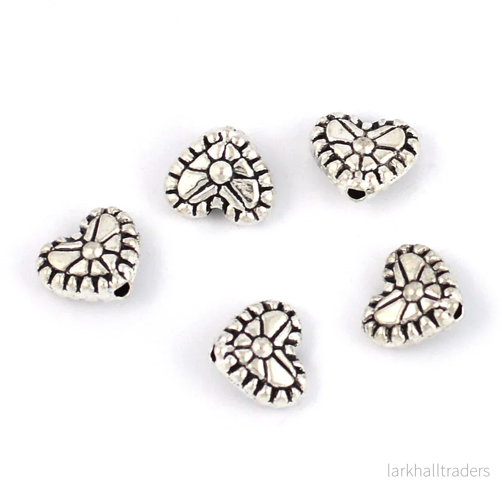 Metallpärlor, mönstrade hjärtan, antiksilver, 8x7mm, 15st