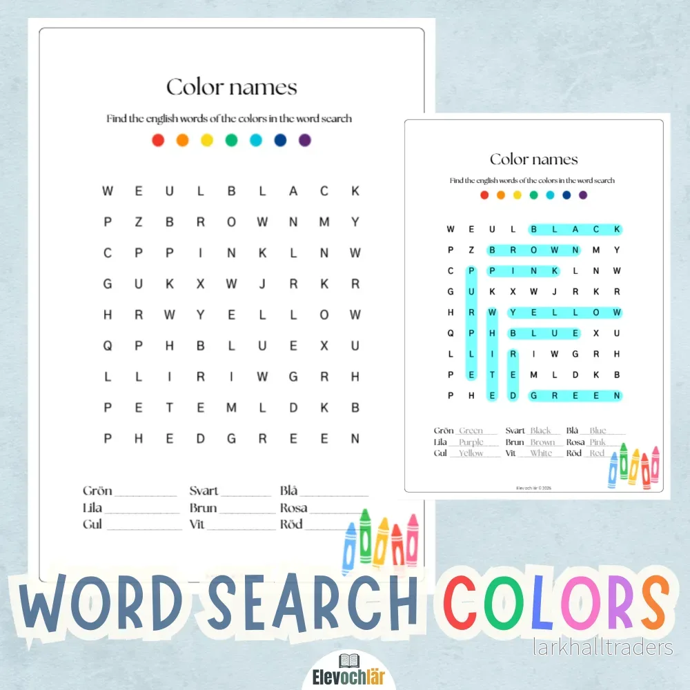 Word search colors - Engelska och Svenska + facit - Bild 2