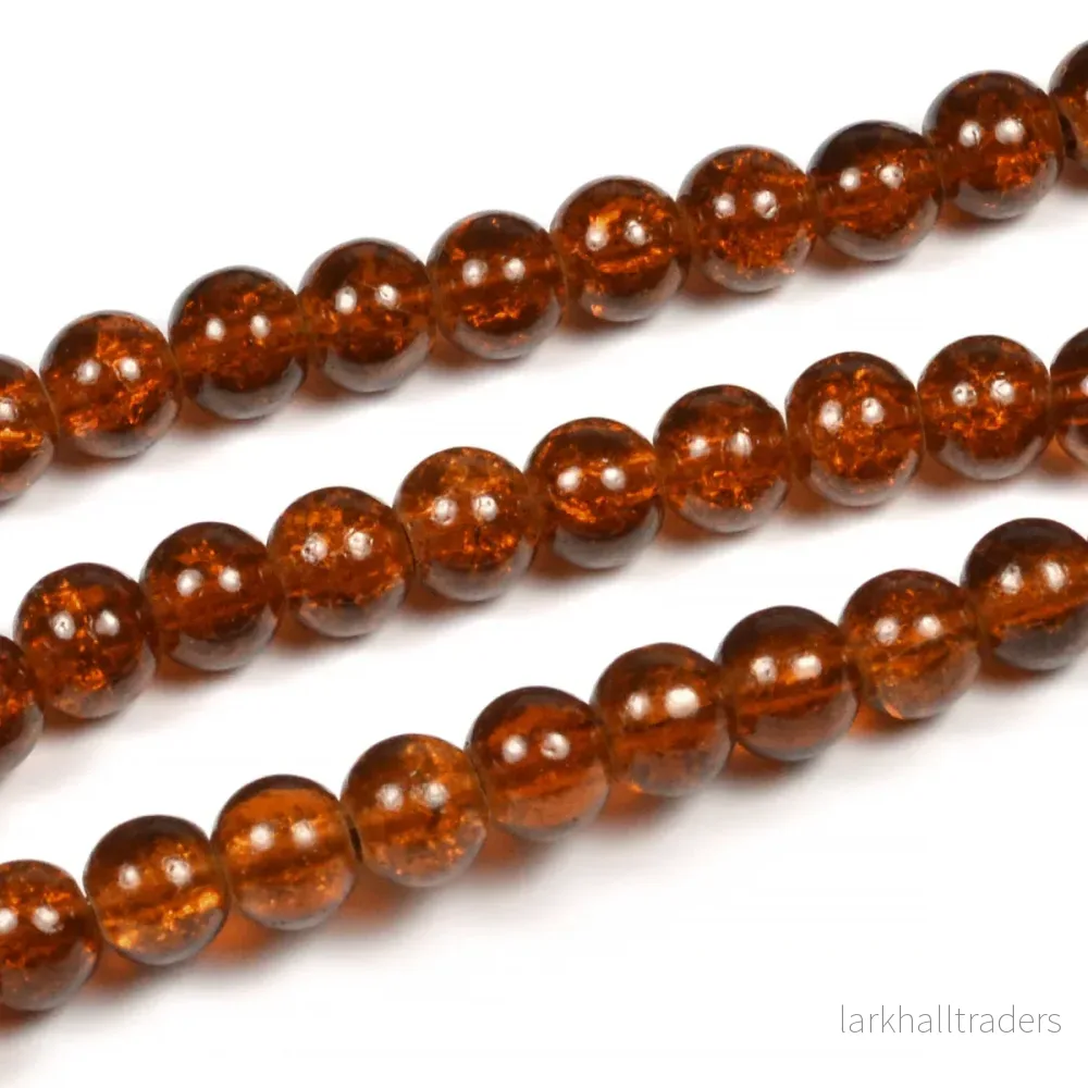 Krackelerade glaspärlor, brun, 6mm