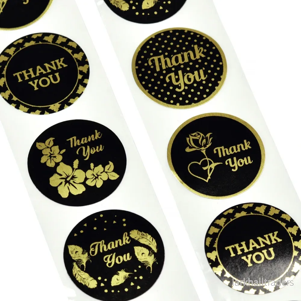 Svarta klistermärken med guld ”Thank you”, 25mm, 20st