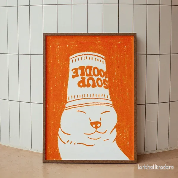 Rolig orange katt med soppkopp Original teckning Rolig orange katt med soppkopp Original teckning
