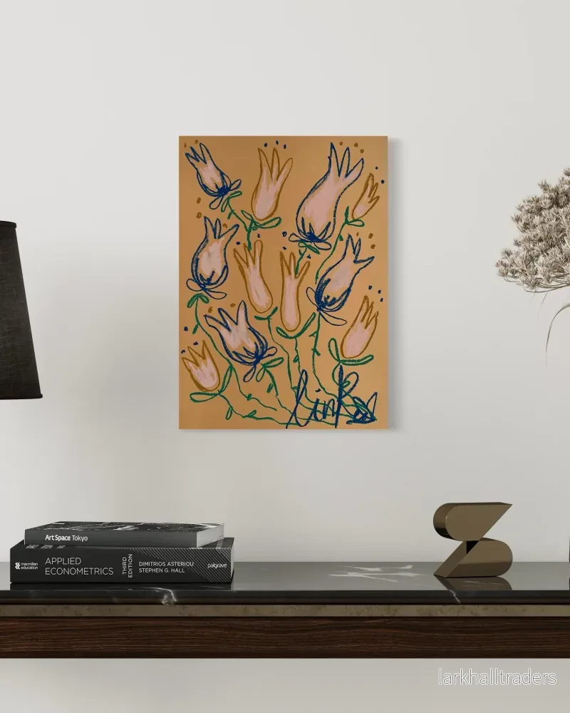 Whimsical Florals on Orange Background, Grön, Mustard och Blå, A3, Original Målning - Bild 3