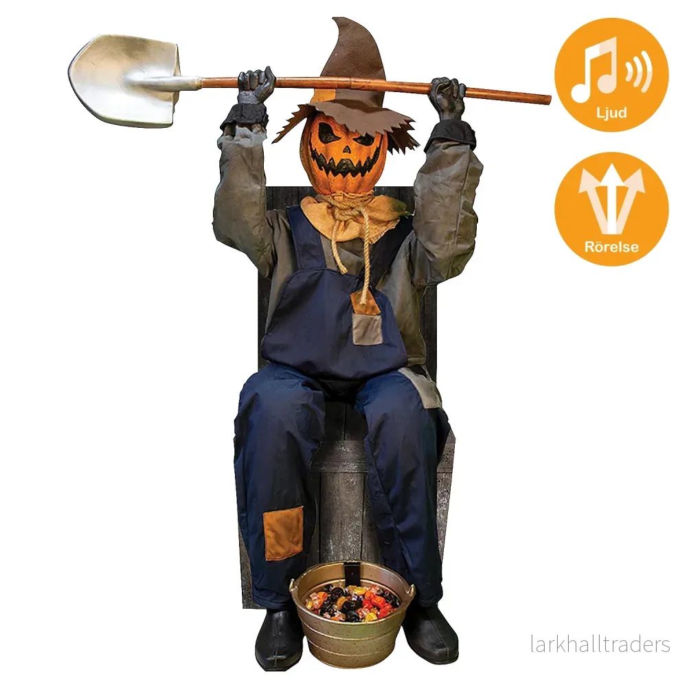 Animerade props, sittande fågelskrämma med spade 153 cm