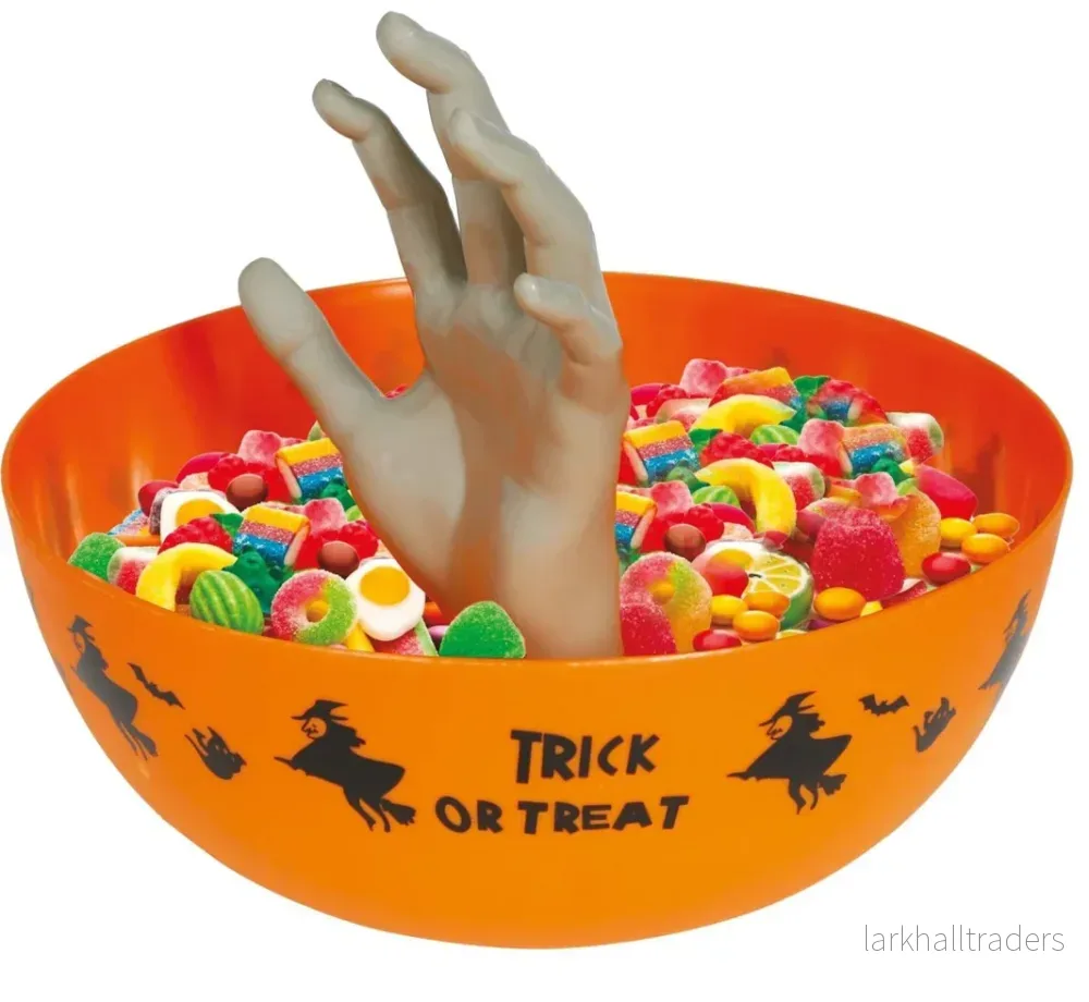 Godisskål med hand, trick or treat orange 25 cm Godisskål med hand, trick or treat orange 25 cm