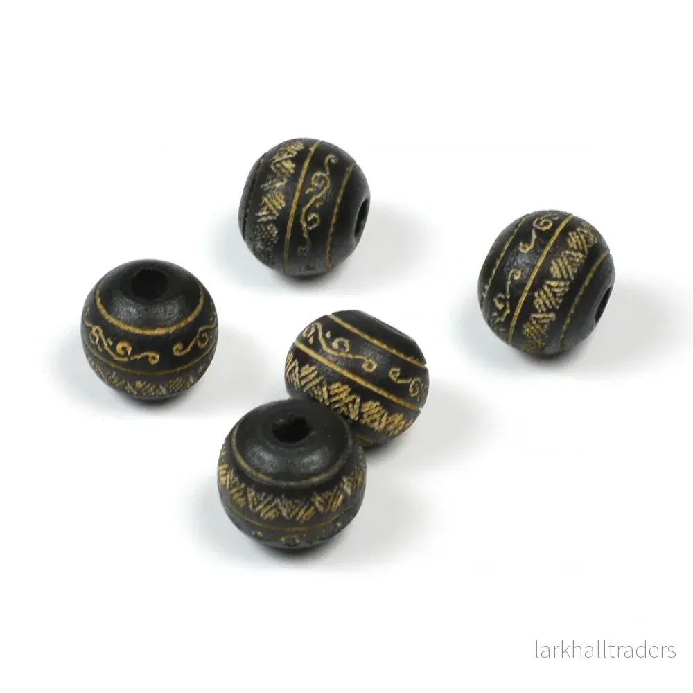 Träpärlor med graverat mönster, 10x9mm, svart, 20st