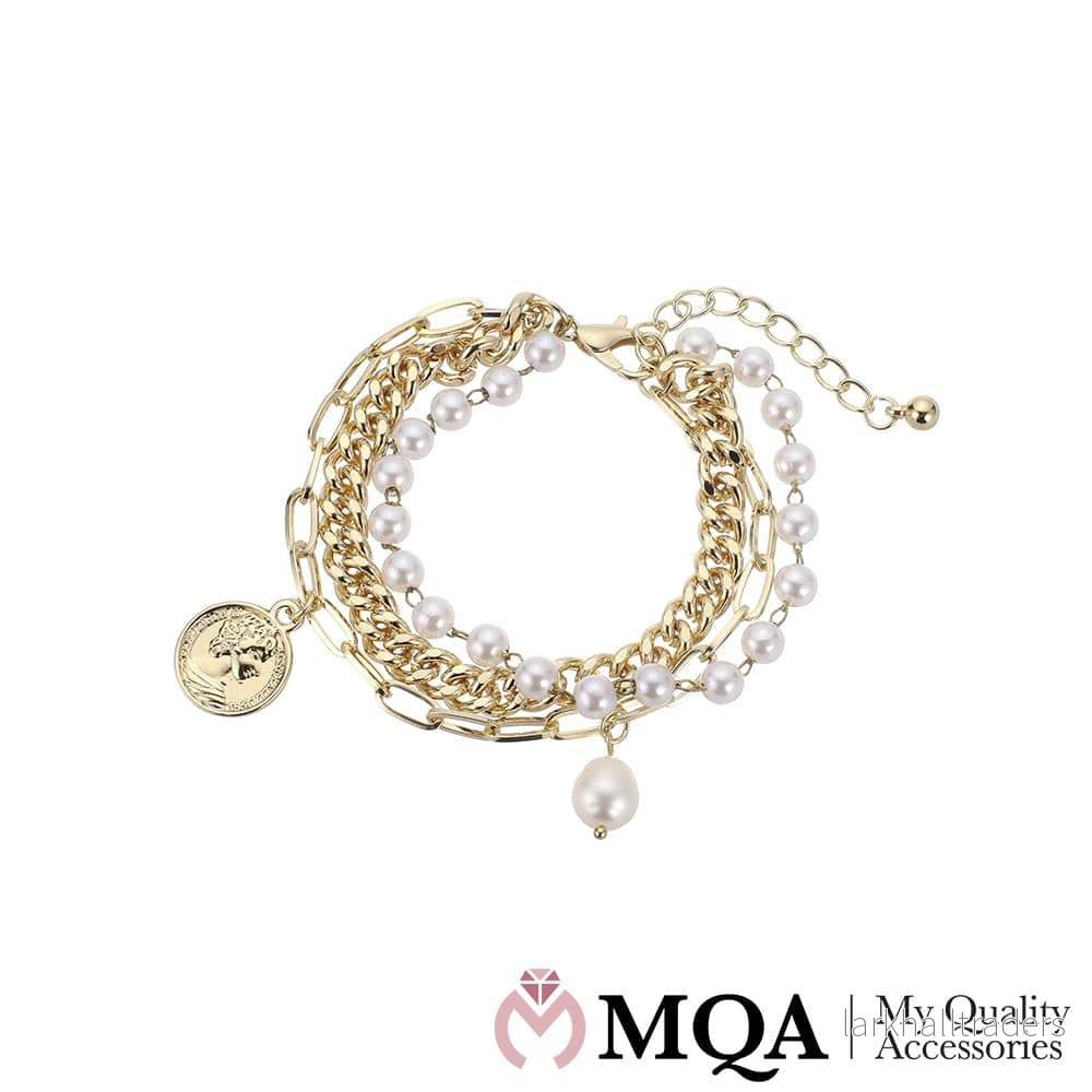 Armband, guld i färg, 3-i-1, pärlor, guldmynt, justerbar Armband, guld i färg, 3-i-1, pärlor, guldmynt, justerbar