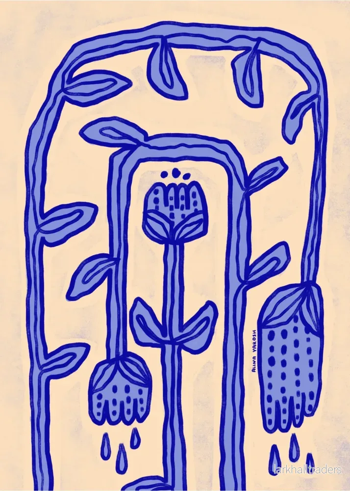 Blå och Beige Botanisk Folkkonst Poster - Bild 2