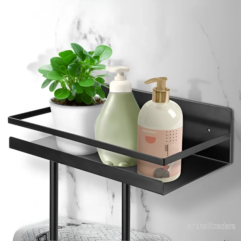 BlackShelf TowelRack – Elegant Väggmonterad Handdukshållare med Hylla & Krokar - Bild 3