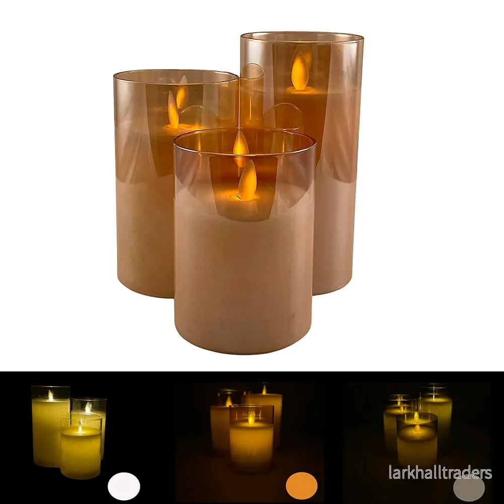 LED-ljus i glas – 3 st. – 12/15/17 cm – med 3D-låga – (flera färger) LED-ljus i glas – 3 st. – 12/15/17 cm – med 3D-låga – (flera färger)