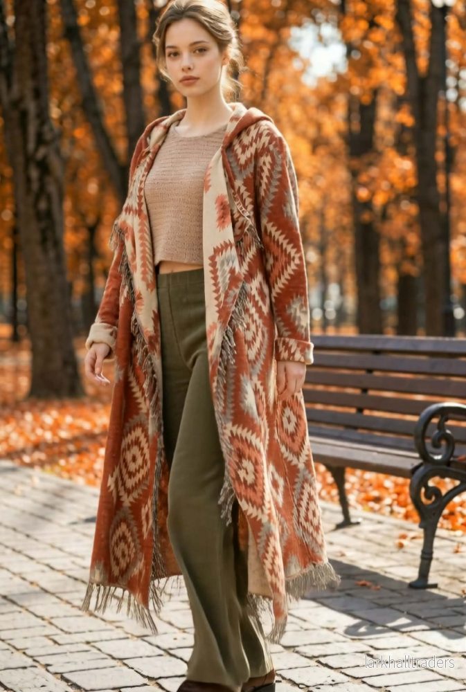 Ponchokappa med fransar Terracotta & Sand - Bild 2