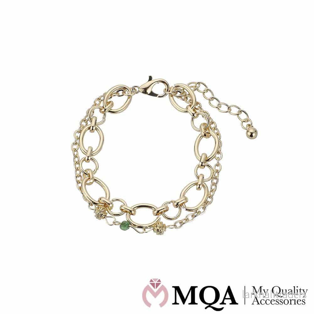 Armband, dubbel, guldfärgad med liten grön sten, justerbar Armband, dubbel, guldfärgad med liten grön sten, justerbar