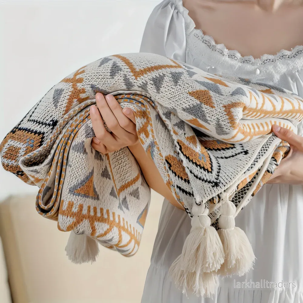 WeaveAura – Boho Pläd med Geometriskt Mönster & Tofsar WeaveAura – Boho Pläd med Geometriskt Mönster & Tofsar