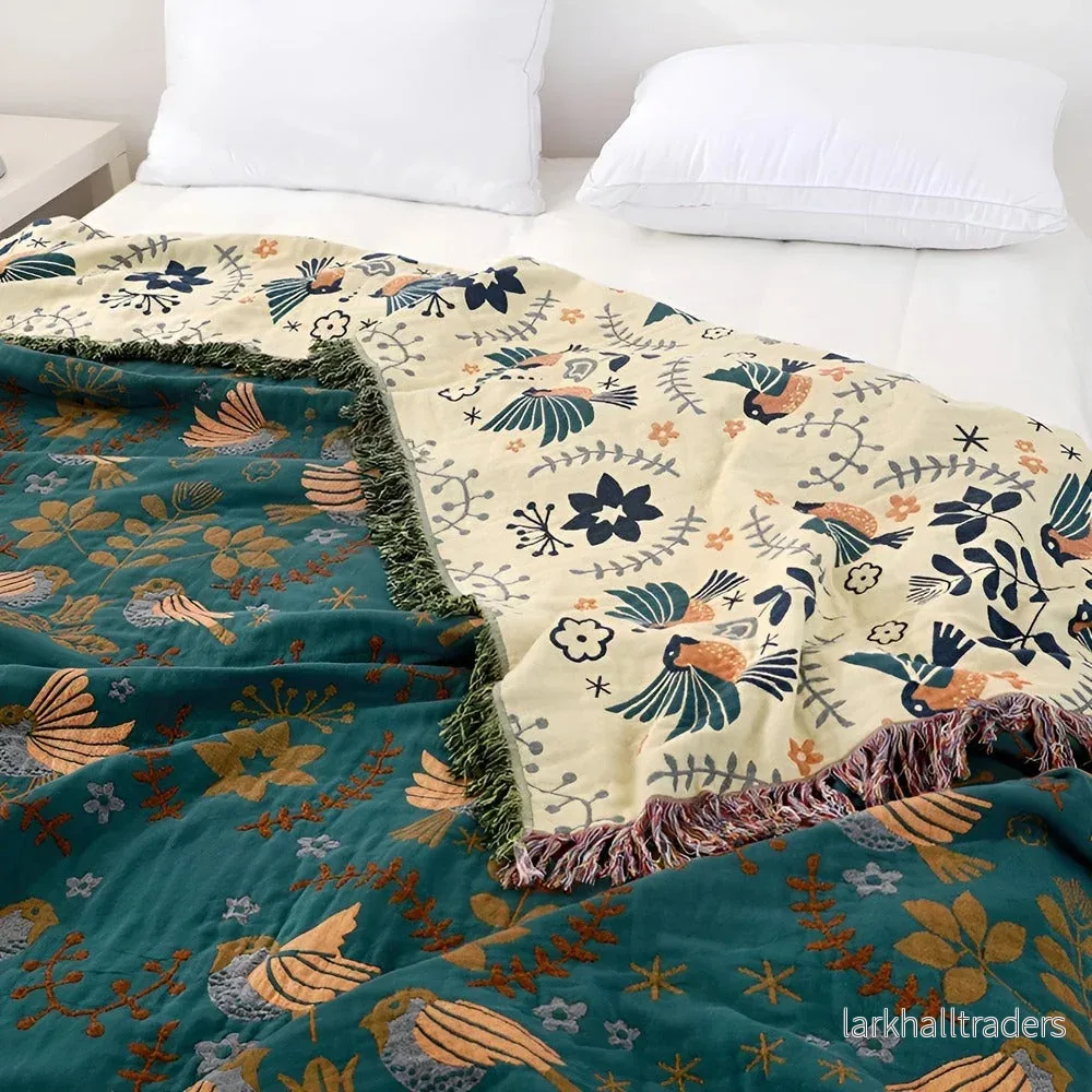 BohoFeather Filt – Vändbar Broderad Bomullsfilt med Fåglar & Blommor - Bild 2