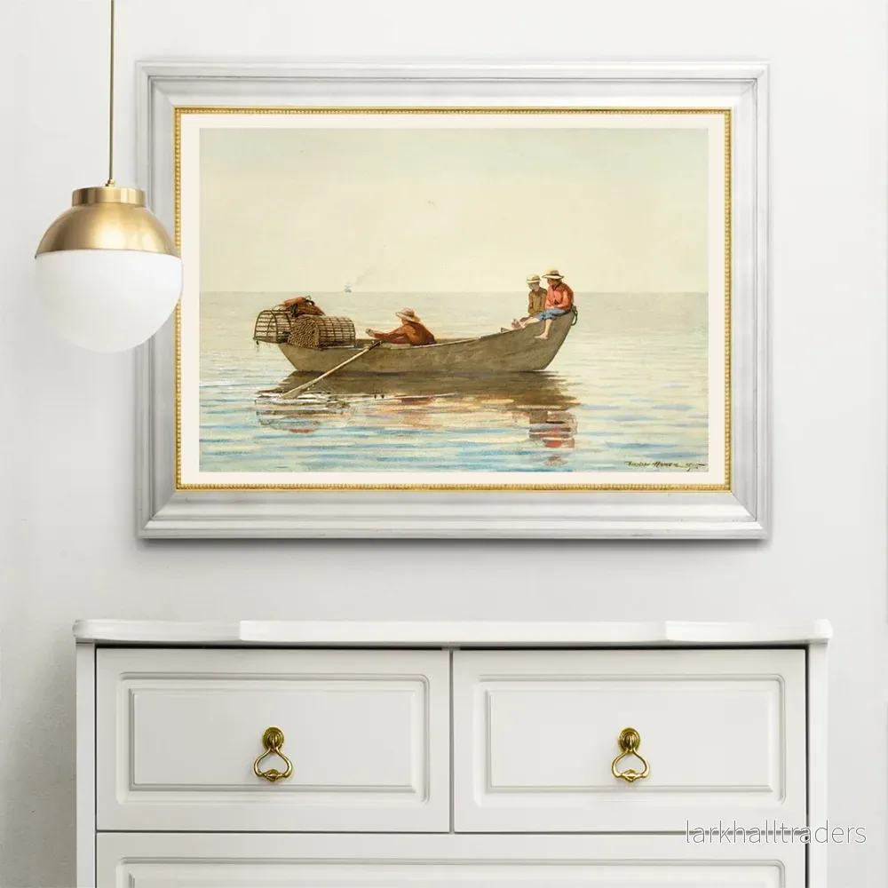 Tre pojkar i en dory med hummerburar Poster
