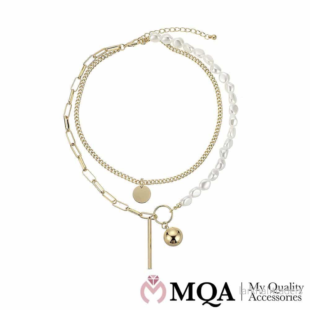 Halsband dubbel, guldfärgad, pärlor, boll & mynthänge, justerbar Halsband dubbel, guldfärgad, pärlor, boll & mynthänge, justerbar