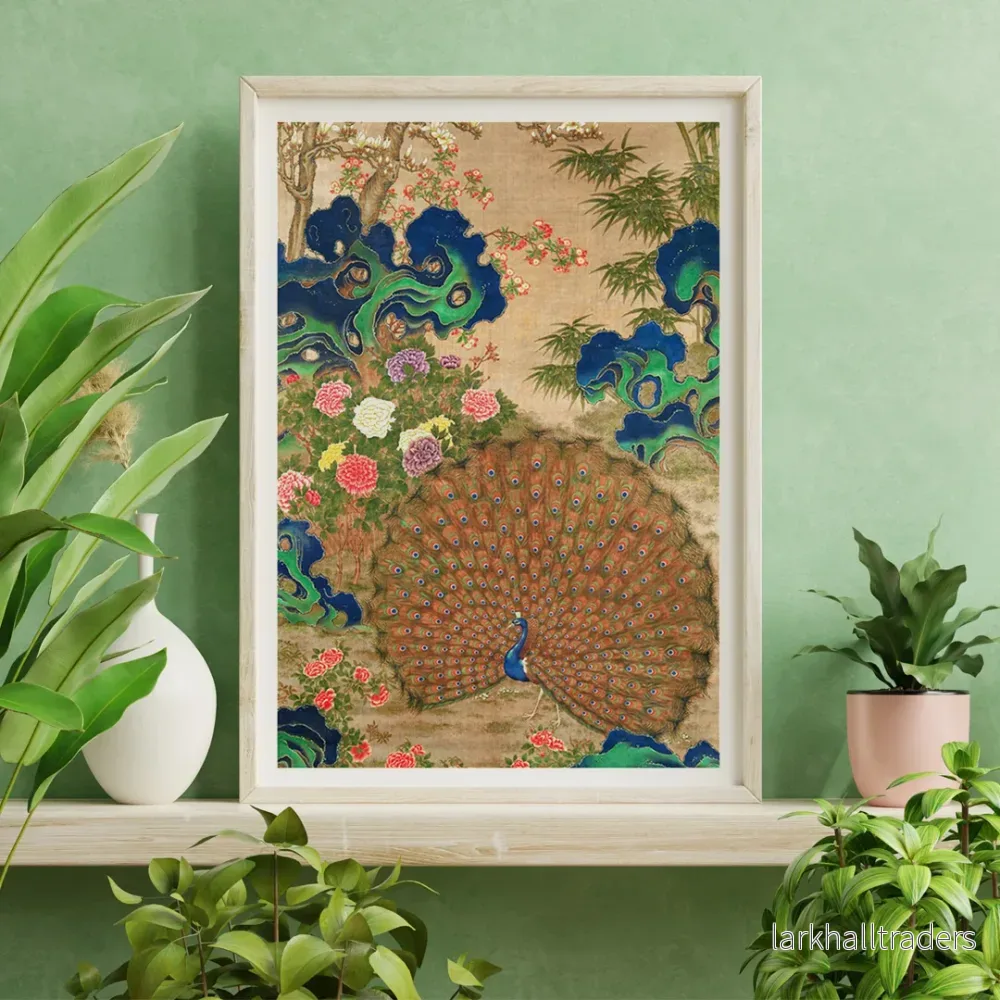 Kinesisk påfågel och blommor Poster