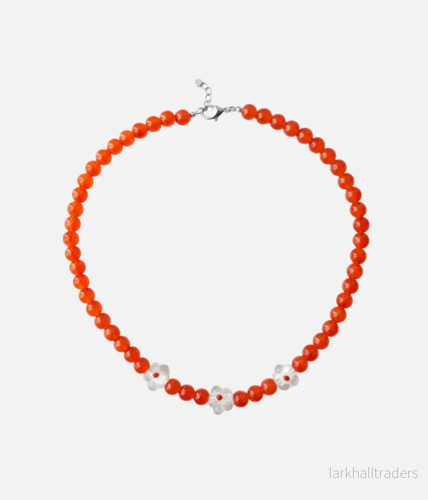 Vita Blommor & Orange Pärlor Halsband