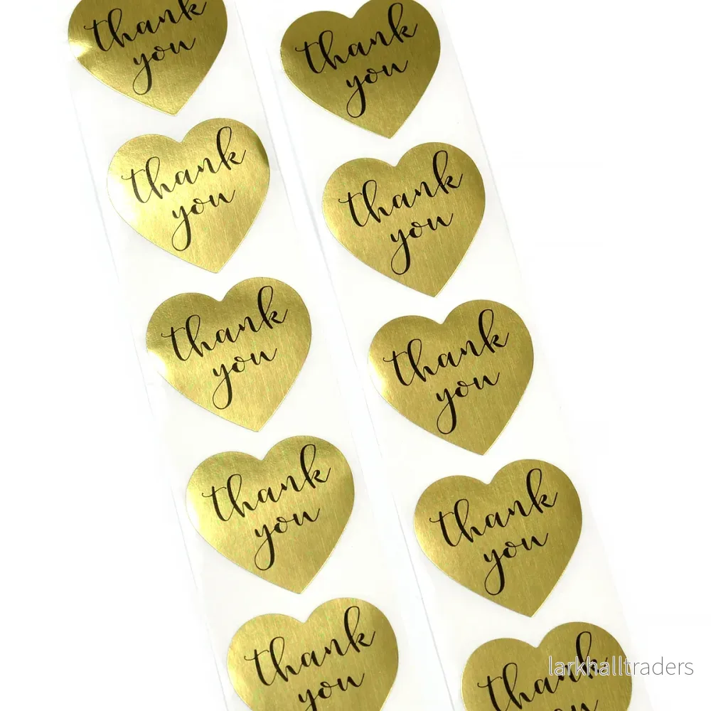Klistermärken, hjärta i guld, ”thank you”, 25mm, 24st