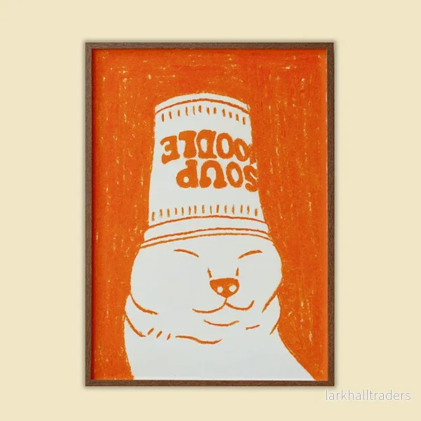 Rolig orange katt med soppkopp Original teckning - Bild 2