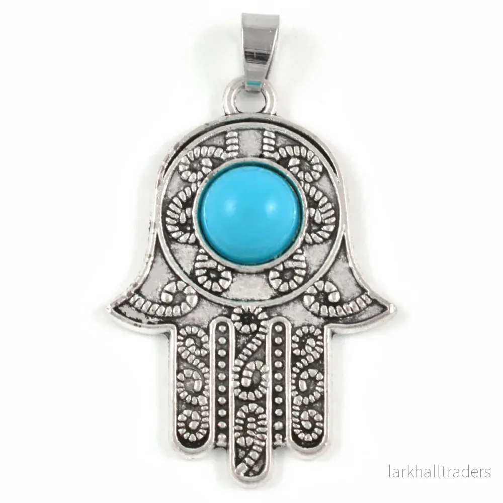 Berlock, Hamsas hand med turkos pärla, antiksilver, 29x37mm, 1st