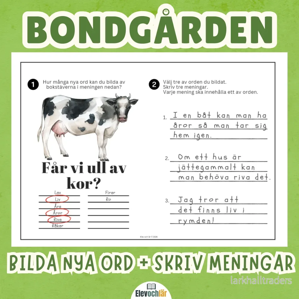 Bilda nya ord av meningen + skriv meningar. 5 arbetsblad.