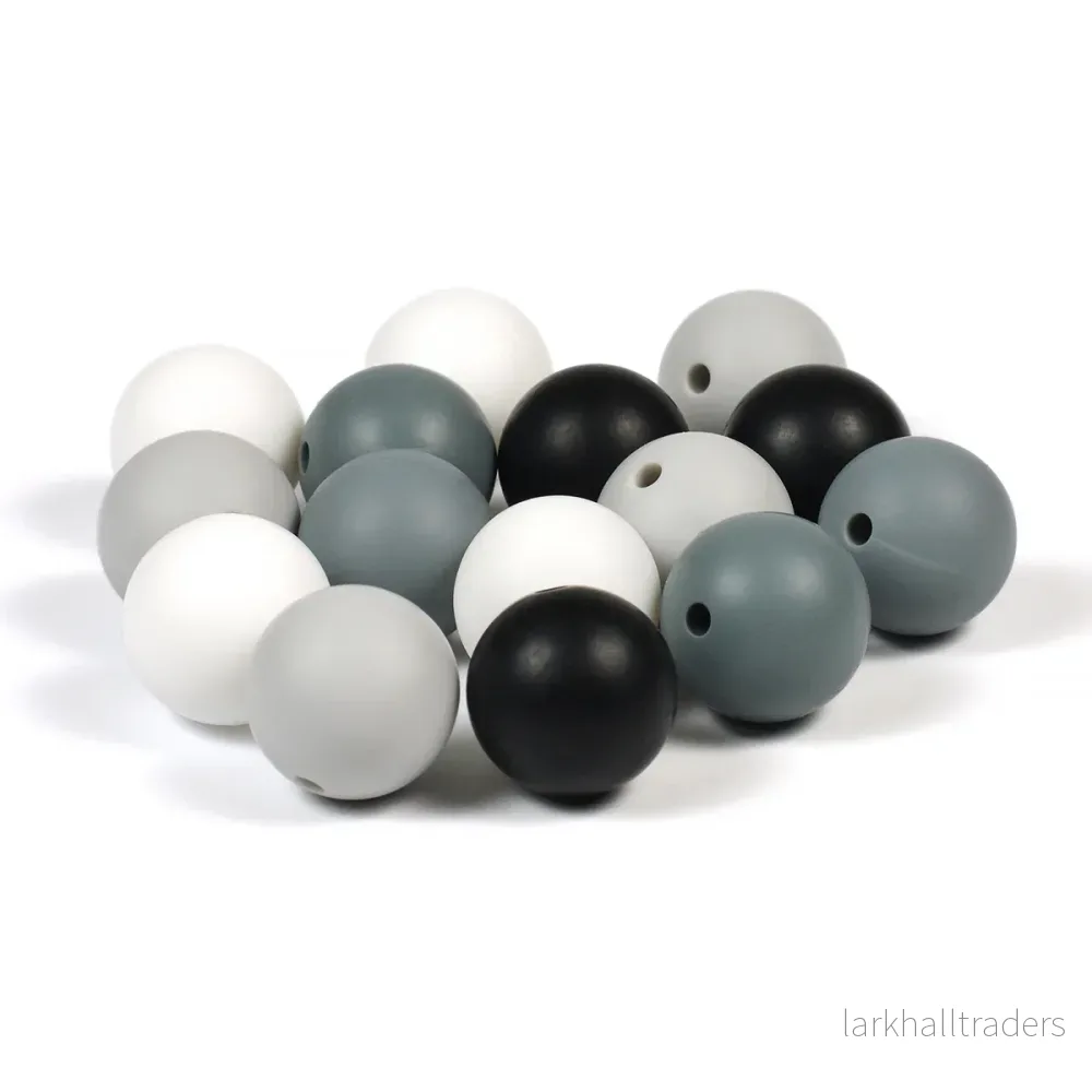 Set med silikonpärlor, ”svart-vit”, 15mm, 15-pack Set med silikonpärlor, ”svart-vit”, 15mm, 15-pack