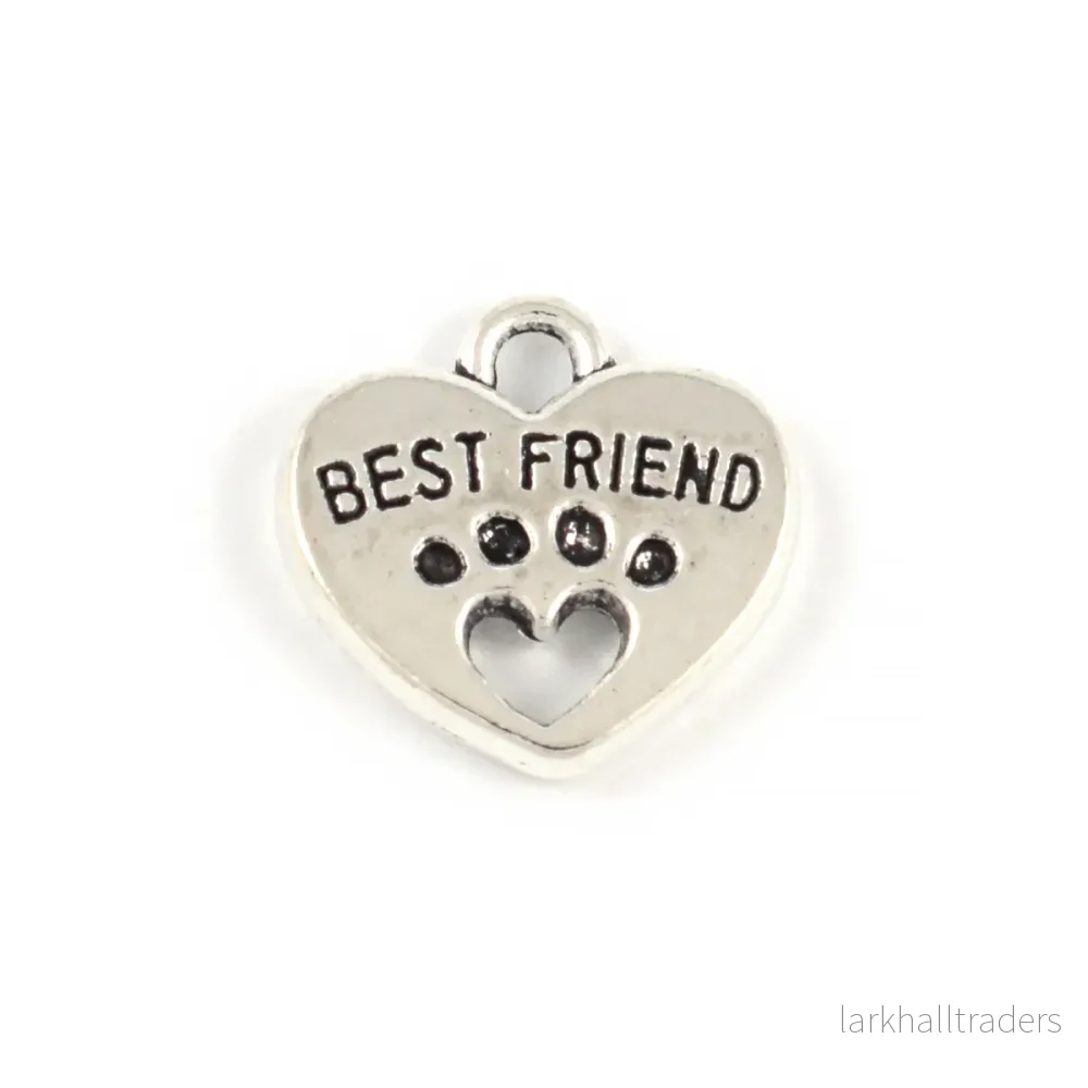 Berlock, hjärta med tass "Best Friend", antiksilver, 15x12mm, 5st