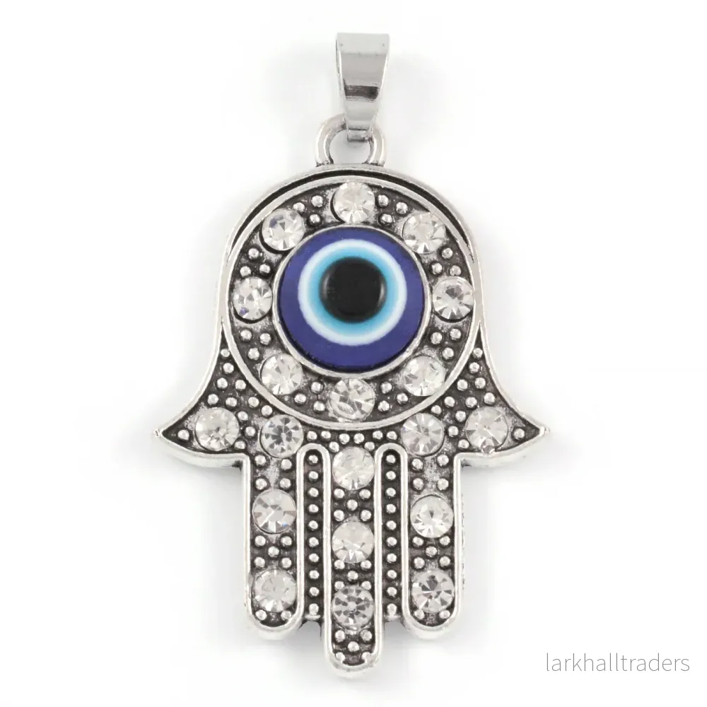 Berlock, Hamsas hand med strass och evil eye, antiksilver, 29x37mm, 1st
