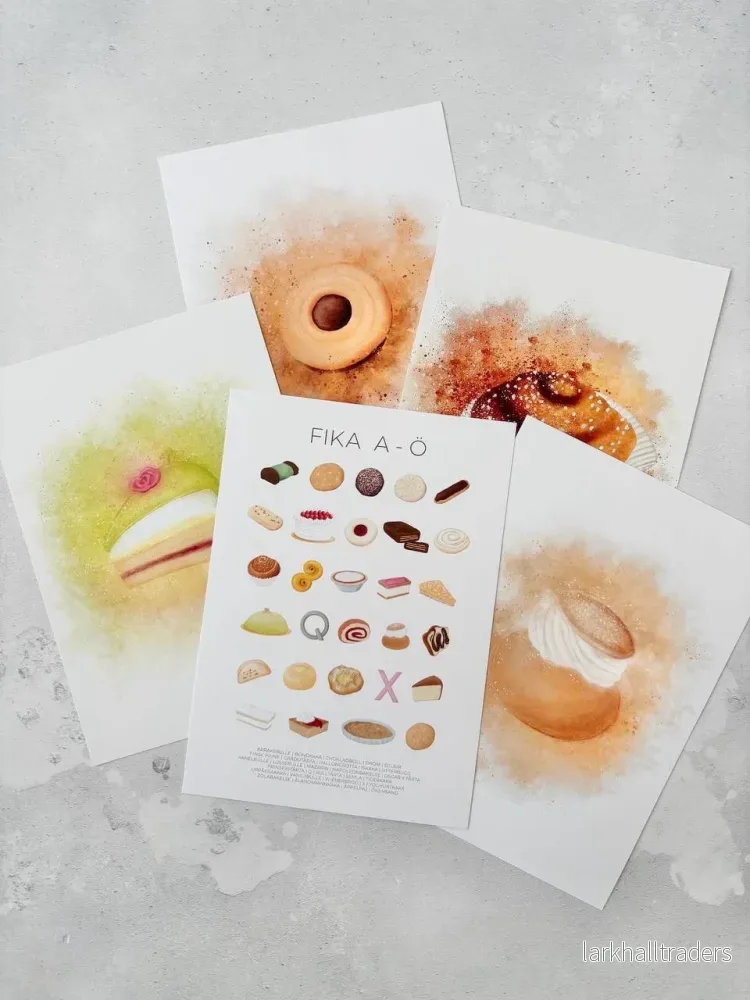 Swedish Fika Art printuppsättning: 5 illustrerade Fika-kort