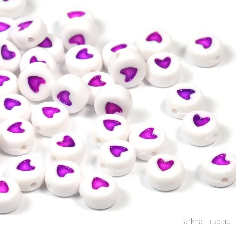 Hjärtpärlor, vit-lila, 100st Hjärtpärlor, vit-lila, 100st