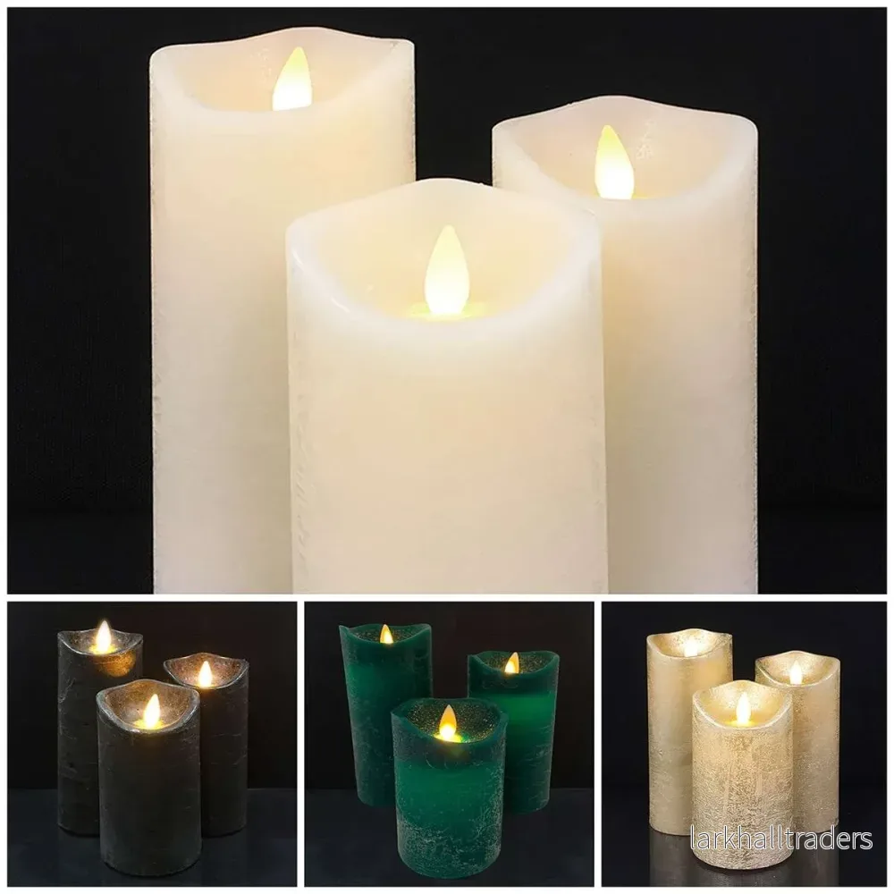 LED blockljus – rustikt – 3 st. – 10/12,5/15 cm – med 3D-låga – (flera färger)