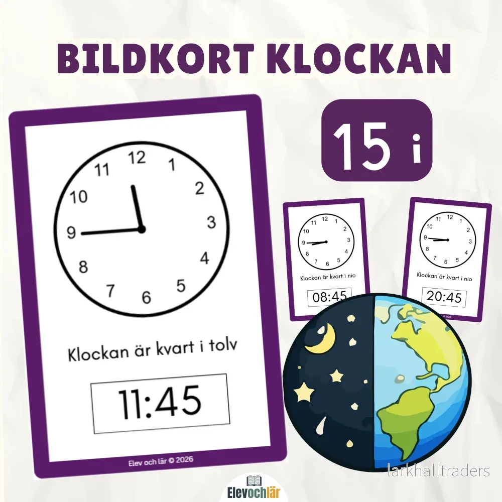 Bildkort klockan 15 i (digital och analog tid)