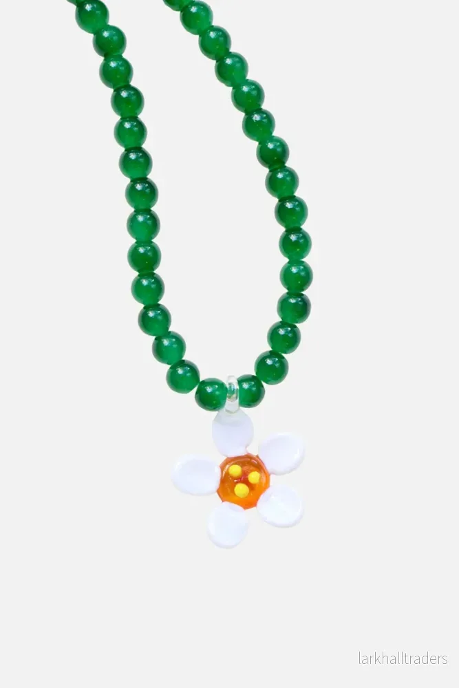 White Flower & Green Beads Necklace