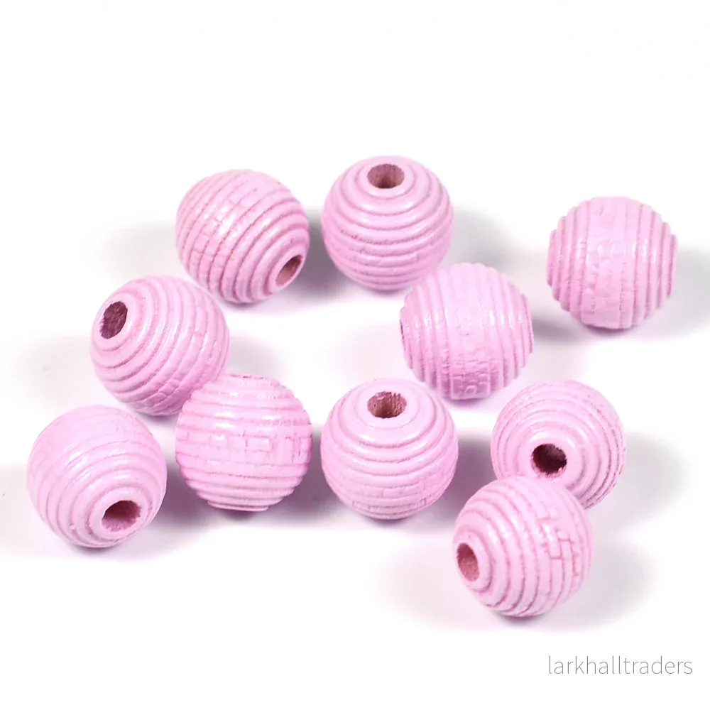 Räfflade träpärlor, 10mm, ljusrosa, 35st