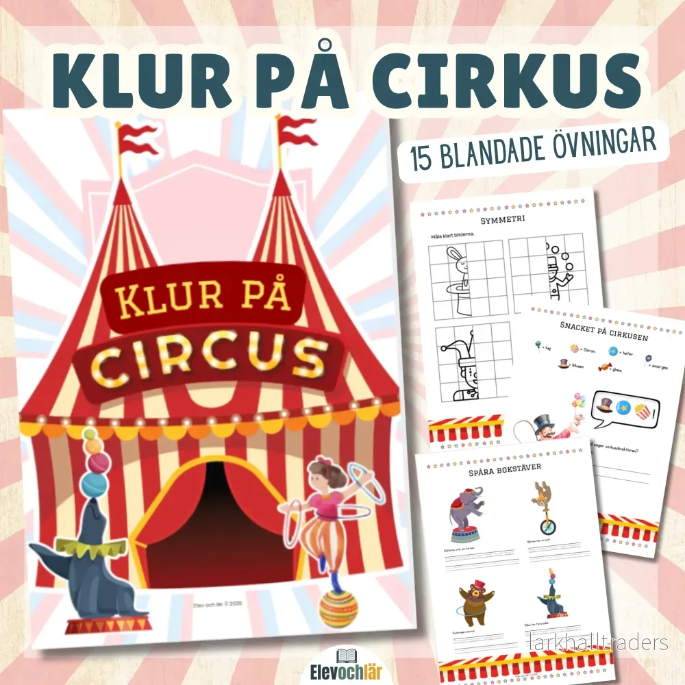 Arbetshäfte Klur på cirkus! 15 blad att öva på färger, stavning och mönster. Arbetshäfte Klur på cirkus! 15 blad att öva på färger, stavning och mönster.