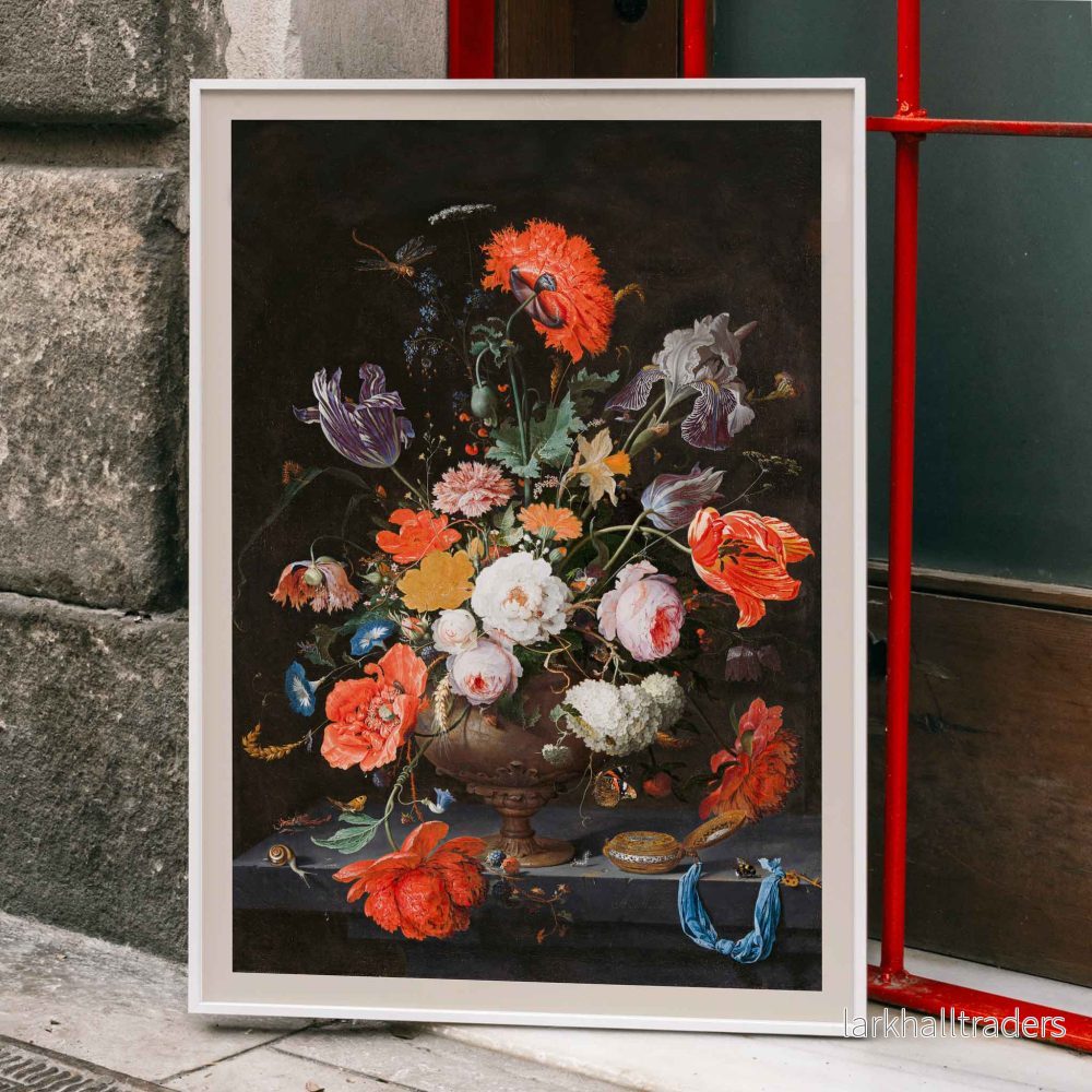 Stilleben med blommor och klocka Poster Stilleben med blommor och klocka Poster