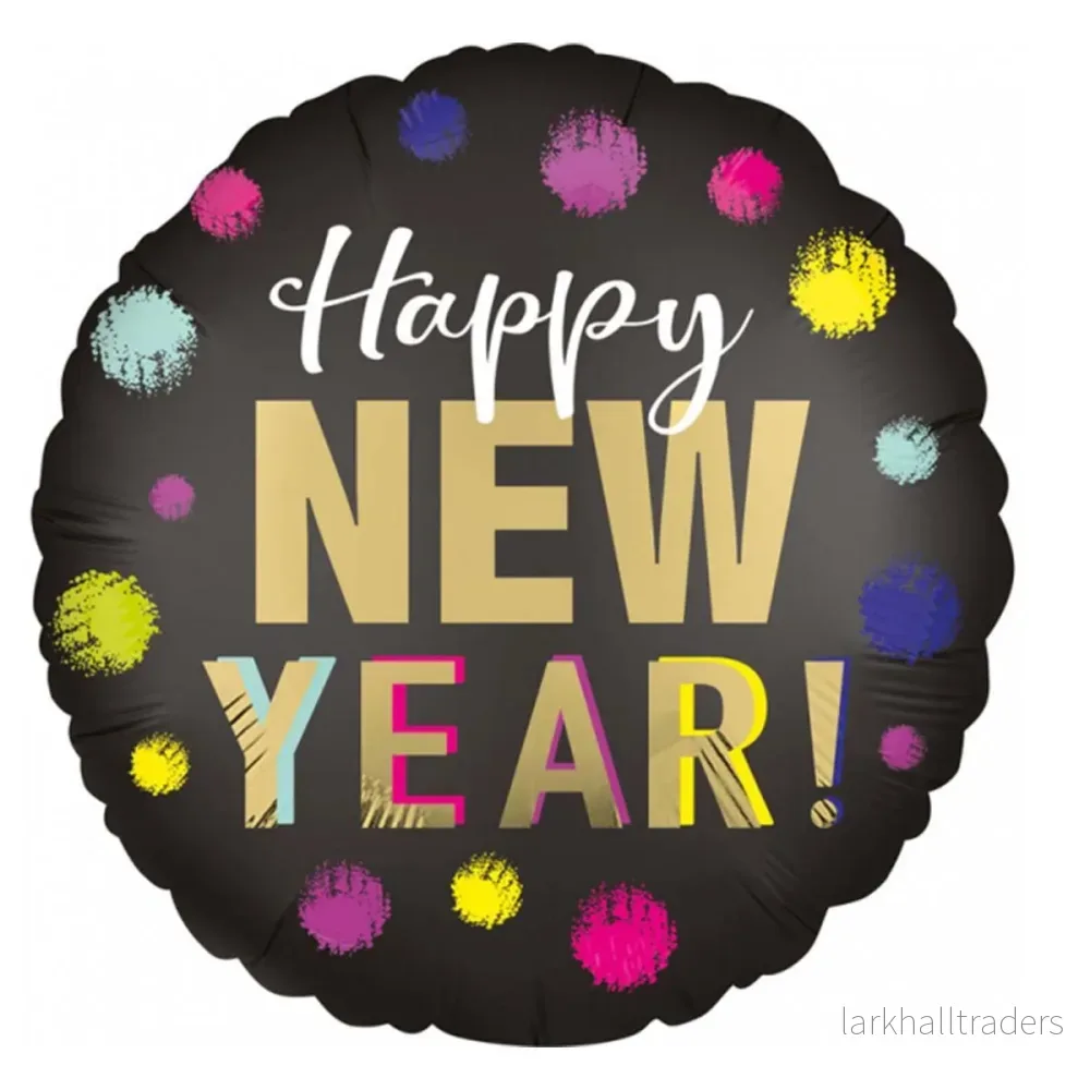 Folieballong, rund satin prickar happy new year 43 cm