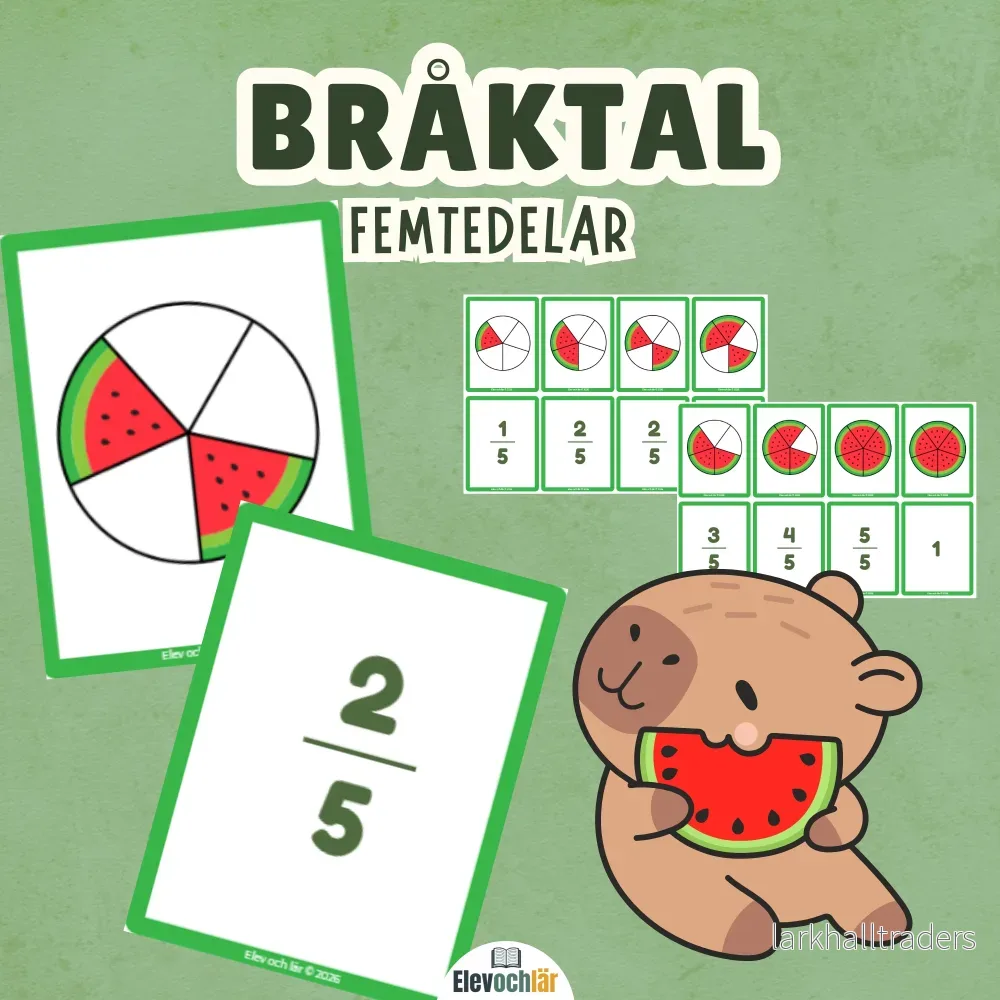 Bråktal femtedelar – bildkort med meloner i 5 delar