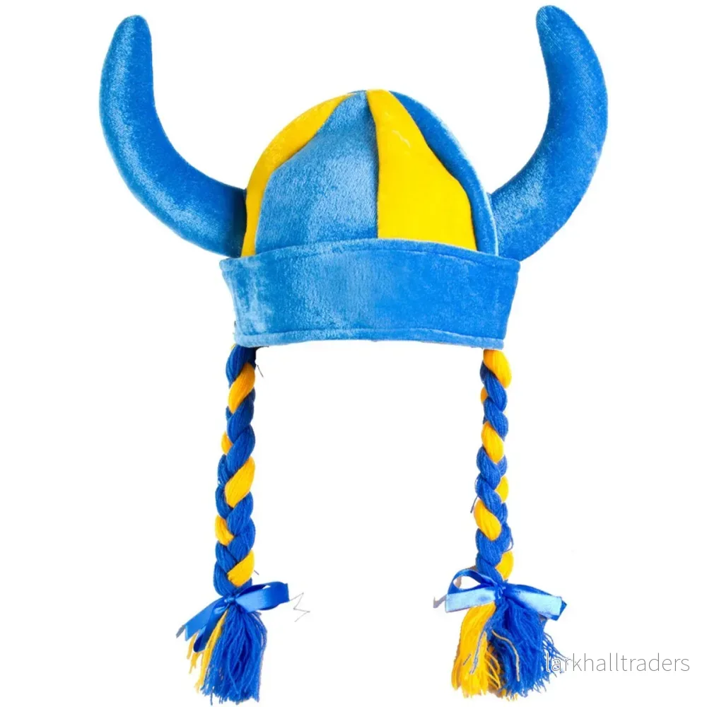 Vikingahjälm, blå/gul flätor Vikingahjälm, blå/gul flätor