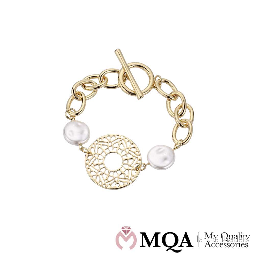 Armband, guld, pärlor, mynt med mönster, växlingslås