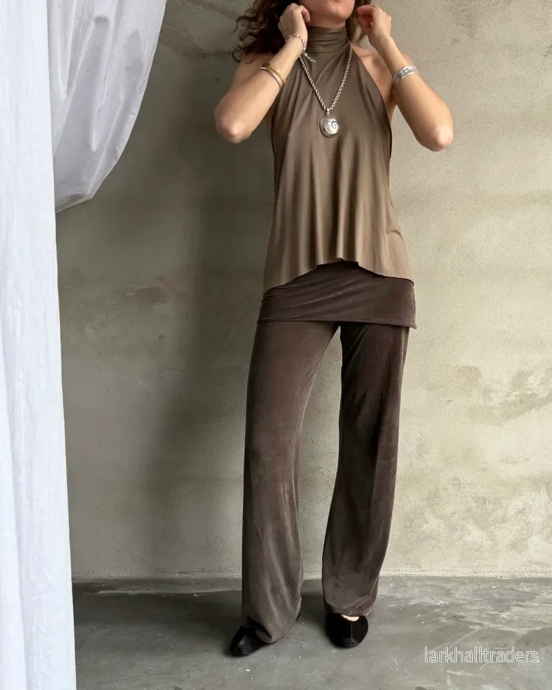 Halterneck Jersey Topp Khaki - Bild 3