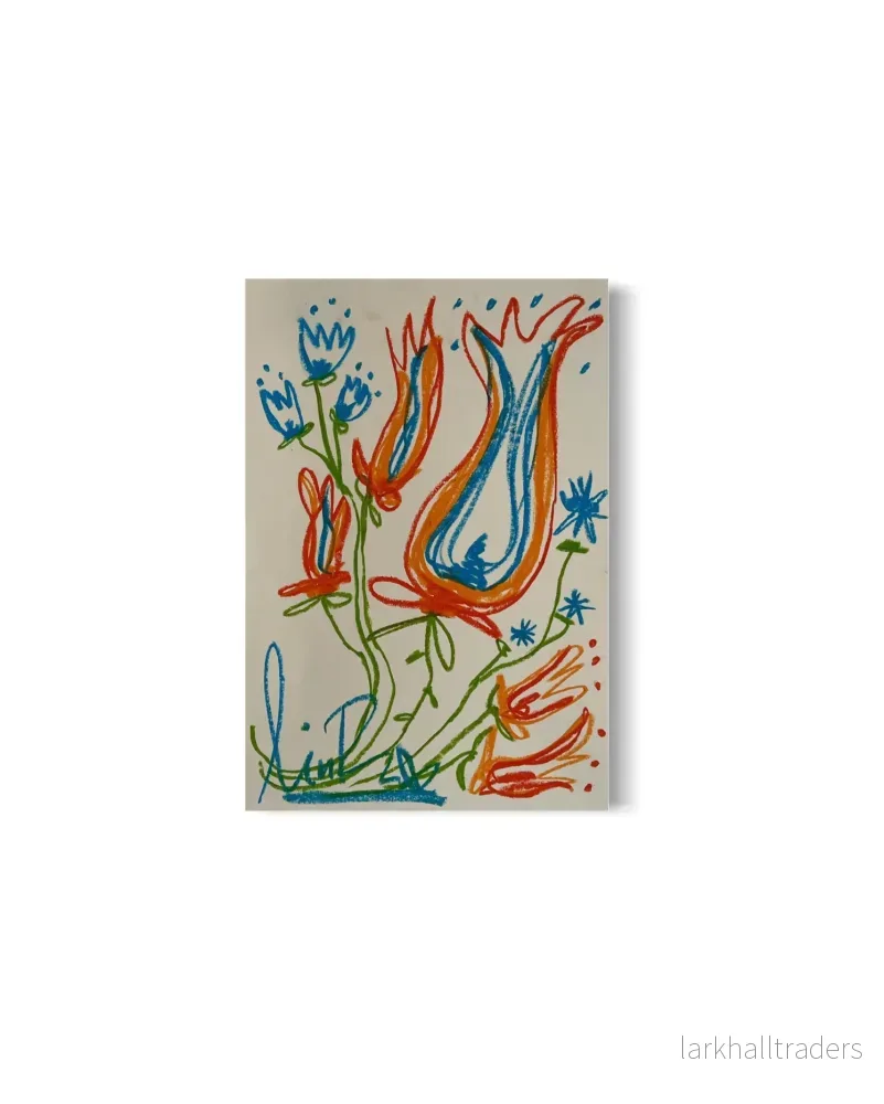 Whimsical Florals, Orange, Röd och Blå, A3, Original Målning