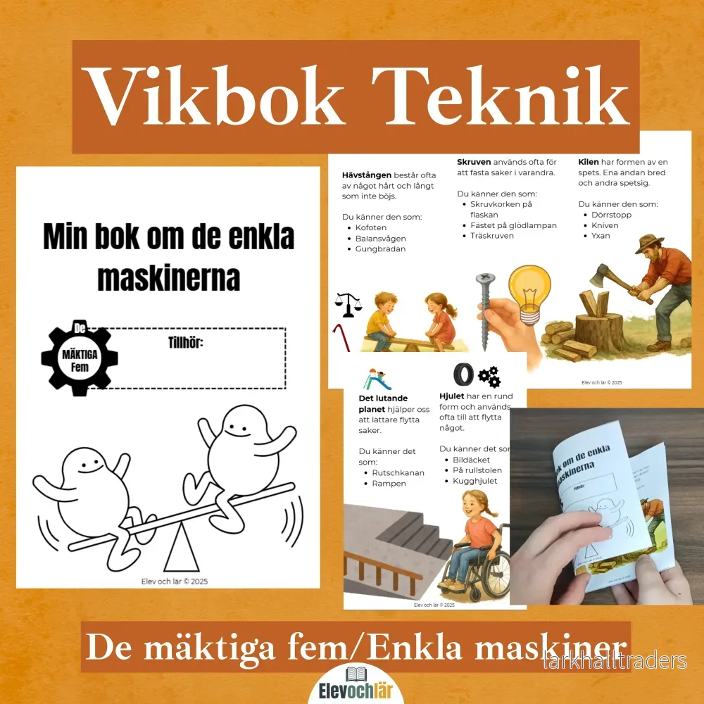Vikbok De mäktiga fem/enkla maskiner. Fakta om kilen, skruven, lutande planet, hjulet och hävstången