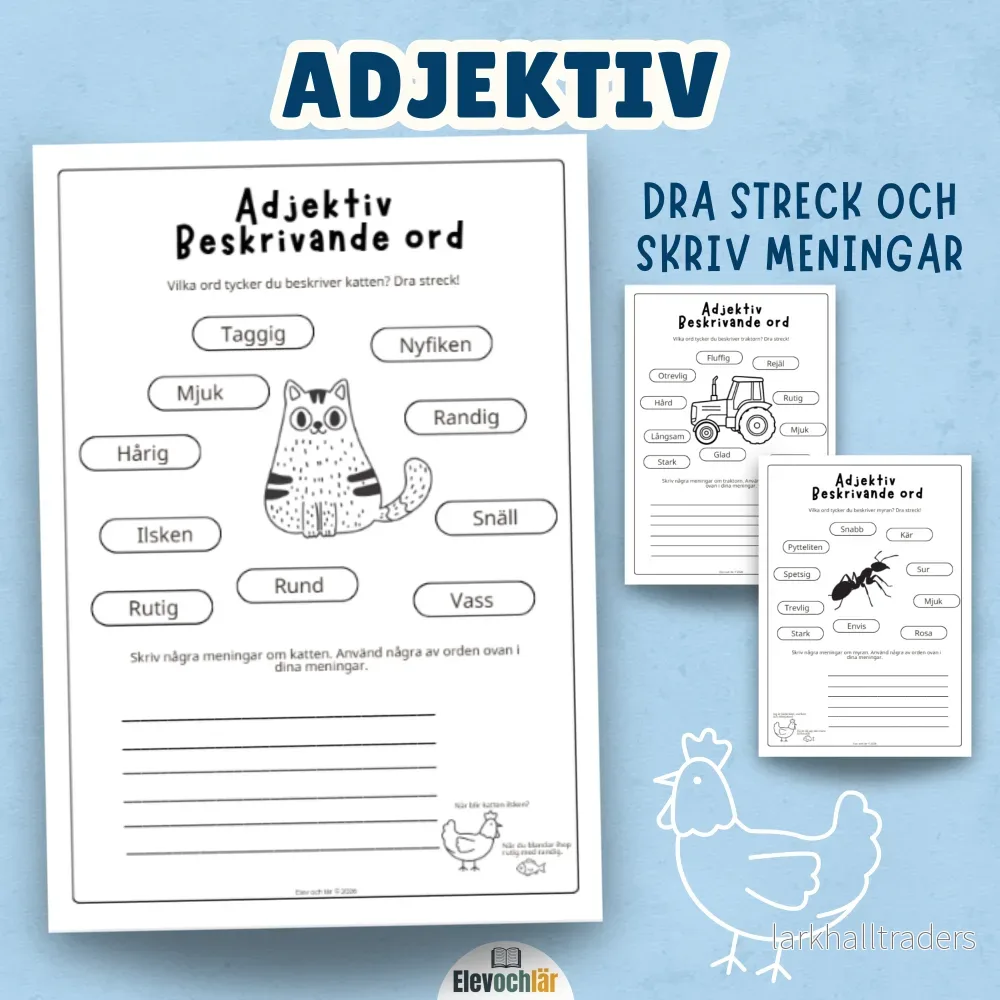 Adjektiv arbetsblad – dra streck och skriv meningar 3st Adjektiv arbetsblad – dra streck och skriv meningar 3st