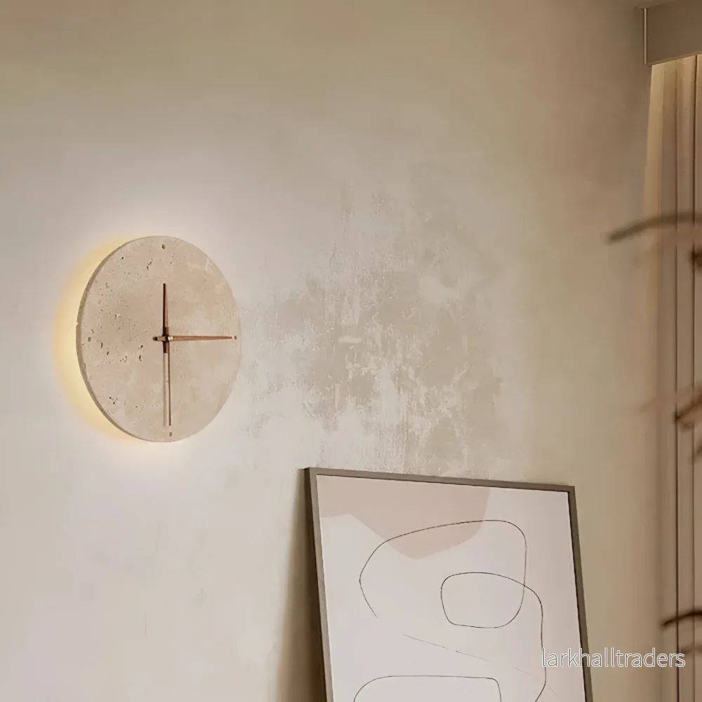 LumiTravé Halo – Modern Rund LED-Vägglampa i Trä & Gul Travertin - Bild 3