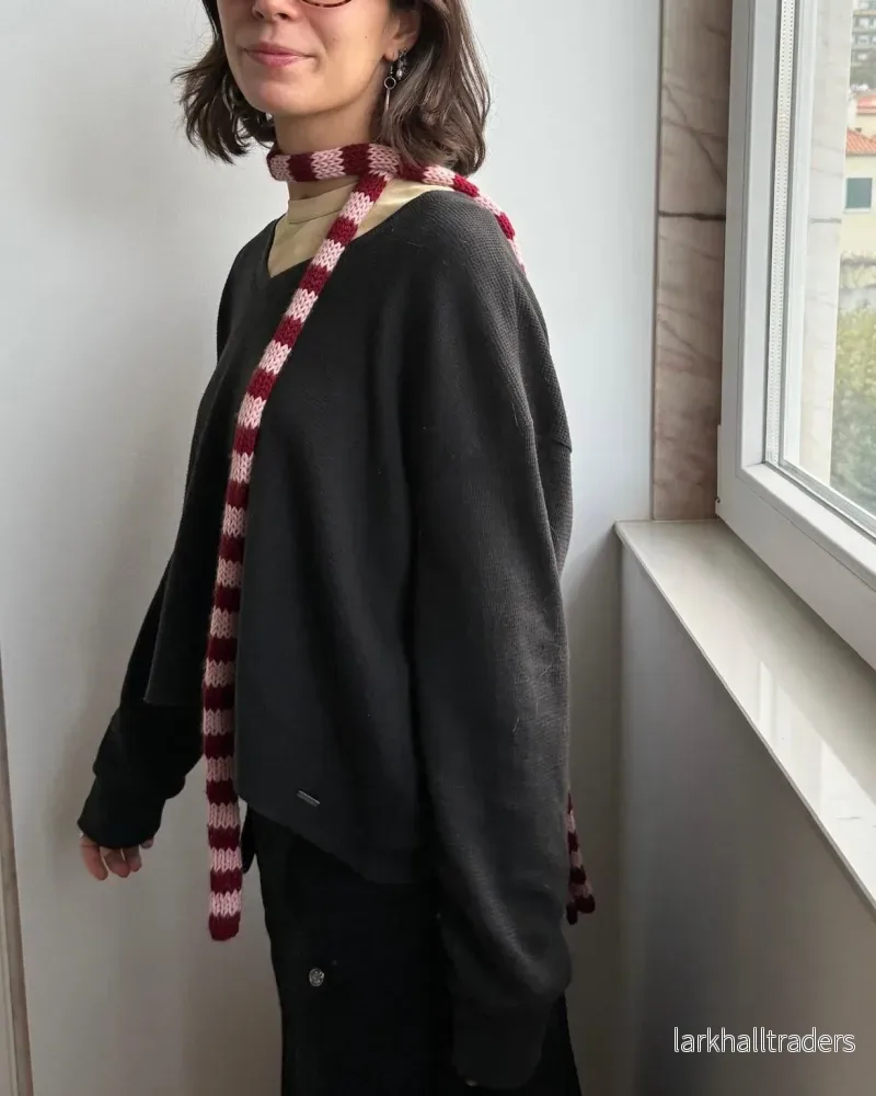 Randig stickad scarf - Rosa och Bordeaux - Bild 2